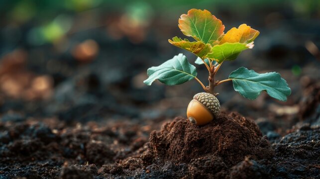 A single acorn rests on a sturdy oak sapling a metaphor for long-term investments and sustainable growth.