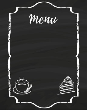 Kreidegemalte Men&uuml;karte mit Kuchen und Kaffeetasse auf Schwarzer Tafel: Vektorgrafik Illustrationen