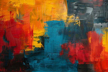 Color blocking in abstract painting, bold reds and blues, artistic interplay of color and form.