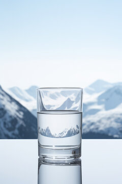 Vertical photo of a full glass of pure mineral water on a marble board against the backdrop of snowy mountains
