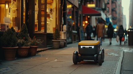 Obraz premium Testing futuristic autonomous delivery robots designed to streamline and automate the process of shipping goods for e-commerce platforms.