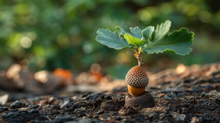 A single acorn rests on a sturdy oak sapling a metaphor for long-term investments and sustainable growth.