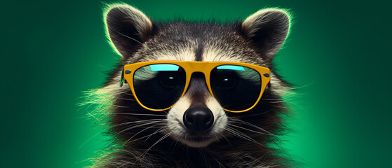 Funny raccoon in green sunglasses showing a rock ..