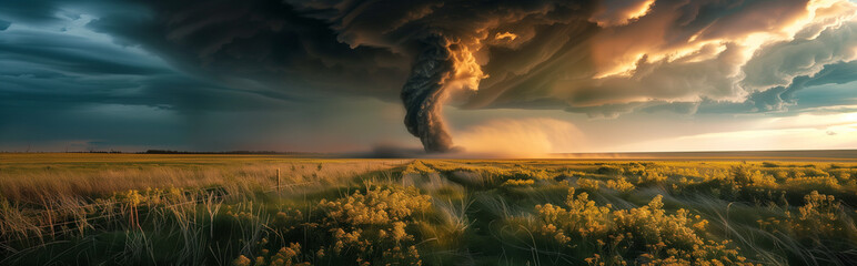 Tornado  in the meadow.Panorame view.  Generative AI - obrazy, fototapety, plakaty