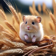 Cute hamster in the wheat field. Hamster on a background of wheat.