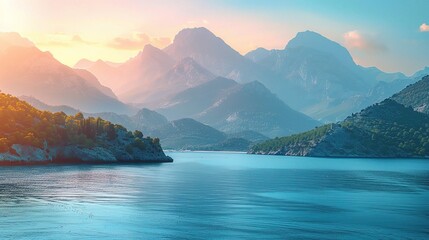 sea in the evening sunlight over beautiful big mountains background, luxury summer adventure