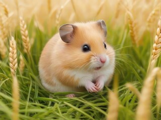 Hamster eating a grain in a field, close-up