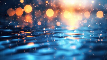Soft focus bokeh light effects over a rippled, blue water background 
