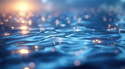 Soft focus bokeh light effects over a rippled, blue water background  - obrazy, fototapety, plakaty