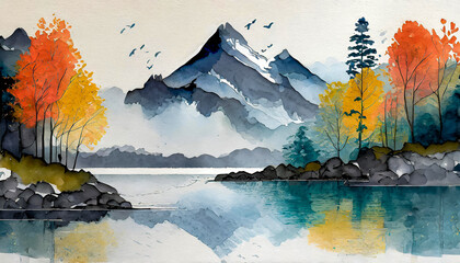 Landschaft mit Bäumen und Bergen am See im Herbst, Vogelschwarm, Acrylfarbe, Aquarellfarbe, Papier, Malerei