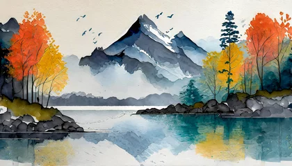 Foto auf Alu-Dibond Landschaft mit Bäumen und Bergen am See im Herbst, Vogelschwarm, Acrylfarbe, Aquarellfarbe, Papier, Malerei © leofrog