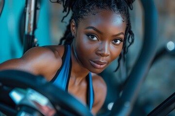 African American woman doing cardio on exercise bike for health and wellbeing - obrazy, fototapety, plakaty