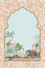 Mughal garden with elephant, peacock, palace, tree and bird illustration pattern for wedding invitation