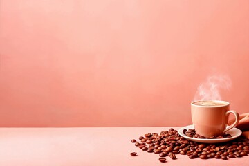 A warm, steaming cup of coffee with beautiful latte art, surrounded by scattered coffee beans on a soft coral surface, evoking a cozy, inviting atmosphere.