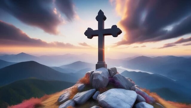 christian cross on top of mountain, sunset, landscape, easter scene, generative ai
