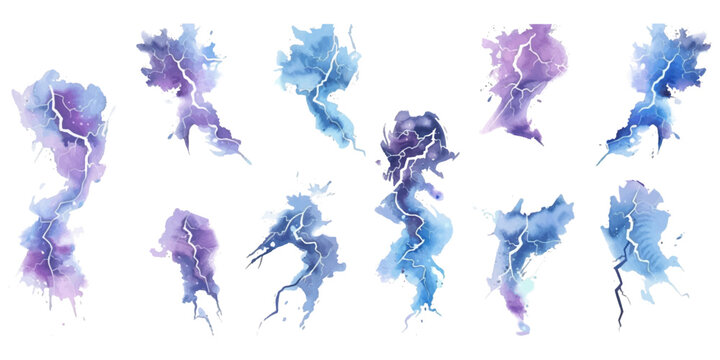 Set of watercolor lightning bolts on white background.