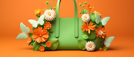 Green bag full of colorful spring flowers and butterflies