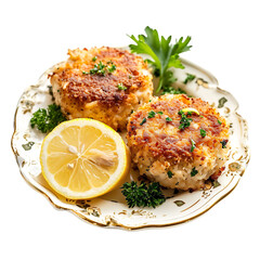  front view of scrumptious Maryland Crab Cakes with a lemon wedge on a stylish plate, food photography style isolated on a white transparent background