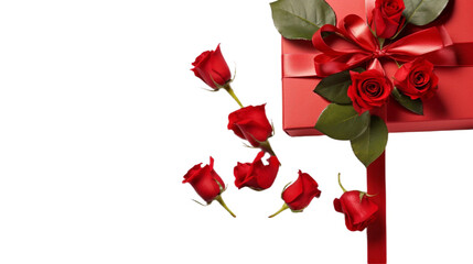 A composition featuring vibrant red roses scattered beside and atop a red gift box with a silky ribbon, set against a white background, evoking a sense of romance and celebration.