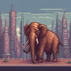 pixel art of a mammoth standing in a futuristic city, wide view, technicolor