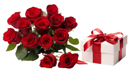 Obraz premium A bouquet of red roses with a polka-dotted gift box and red ribbon on a transparent background, symbolizing love and elegance.