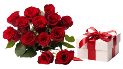 A bouquet of red roses with a polka-dotted gift box and red ribbon on a transparent background, symbolizing love and elegance.