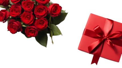 A fresh bouquet of red roses with a matching red gift box, symbolizing love and passion, ideal for romantic gestures or special celebrations.