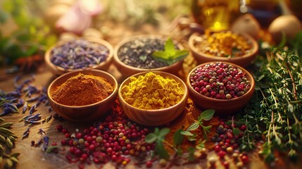 Various colorful herbs and spices on wooden table.