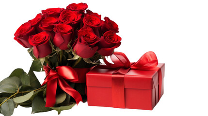 bouquet of red roses with lush green leaves paired with a red gift box tied with a satin ribbon, essence of romance and celebration, perfect for occasions like Valentine's Day, anniversaries, or love