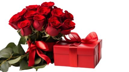 bouquet of red roses with lush green leaves paired with a red gift box tied with a satin ribbon, essence of romance and celebration, perfect for occasions like Valentine's Day, anniversaries, or love