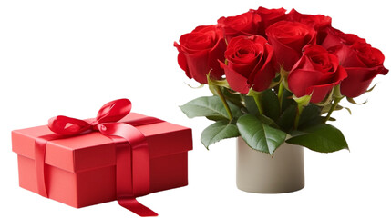 A bouquet of vibrant red roses in a modern beige vase beside a red gift box tied with a glossy ribbon, symbolizing love and celebration, against a white backdrop.