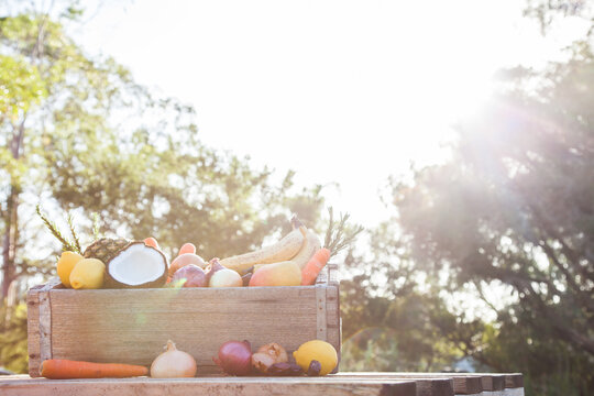 Backlit wooden box of colourful fresh fruits and vegetables with sun flare