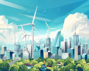 Wind turbines towering over a smart city - obrazy, fototapety, plakaty