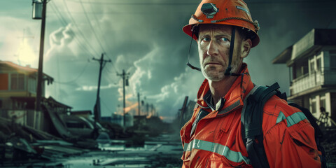 A middle-aged firefighter with a hard hat and backpack against a backdrop of devastation and a stormy sky