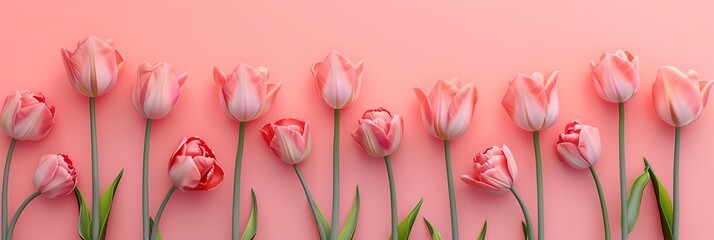 Pink tulips on pastel pink background. Flat lay, top view, copy space