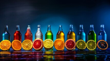A vibrant display of colorful bottles and citrus fruit slices on a reflective surface, showcasing a rainbow arrangement