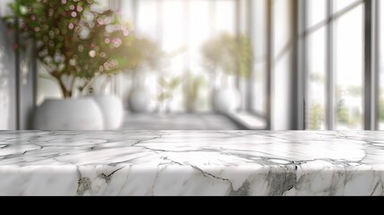 White stone marble table top and blurred abstract background from interior building banner background