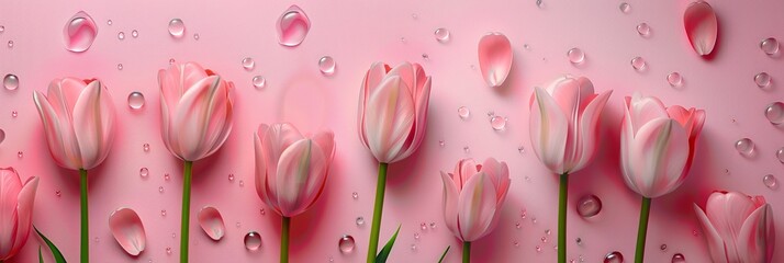 Beautiful pink tulips on a pink background with Copy space.