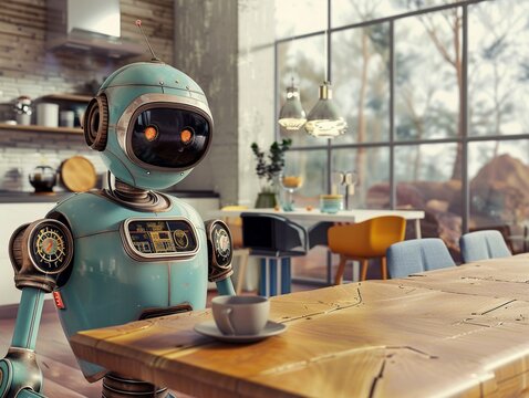 Vintage robot assistant in a contemporary home