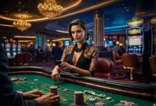 Portrait of a Beautiful Girl gambles at the gambling casino. Addiction to the playing roulette