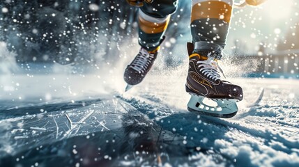 Close-up of ice skates cutting through ice with snow flying up, capturing the speed and action of hockey