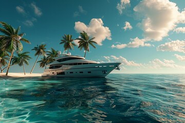 A luxurious yacht anchored near a tropical beach with clear blue ocean water, palm trees, and a sunny sky. Ai generative