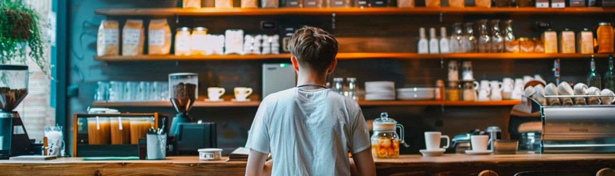 Remote Professional Working In A Cozy Coffee Shop In A Historic European Town. Combining Culture With Work.