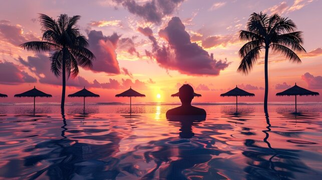 Serene image of a single person’s silhouette against a vibrant tropical sunset with oceanfront pool