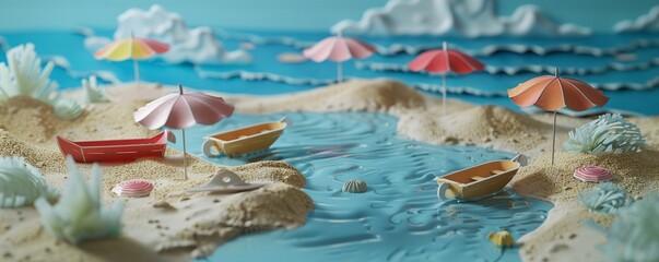 Lilliputian beach day arranged on a sandy desktop with paper parasols