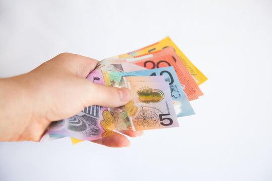 Australian money in bank notes, cash on white