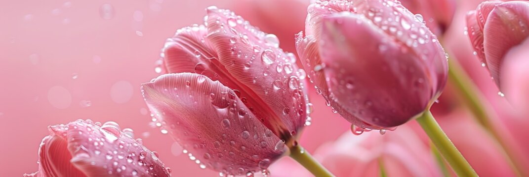 Pink tulips with water drops on petals, close-up.