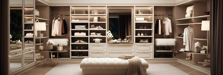 Luxury Walk-In Closet Dressing Room with Spacious Designer Wardrobe and High-End Lighting