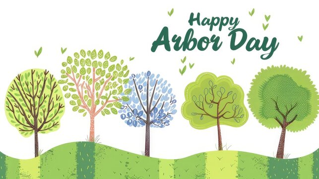 An enchanting image showcasing a serene landscape with lively trees set against a white backdrop, adorned with 'Happy Arbor Day' text