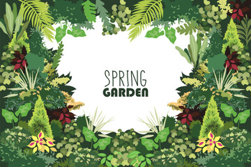 Sprin garden.Horizontal template for frame, card, banner. Blooming green plants. Flat vector illustration.